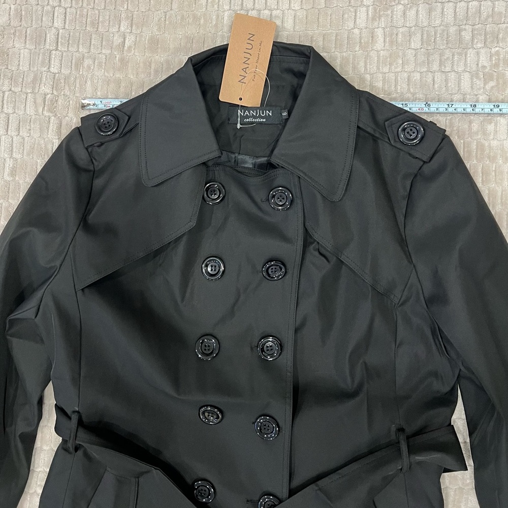 🚫SOLD ON MERC🚫 NWT Black Trench Coat women’s double breasted mid length sz 6 - Picture 5 of 14